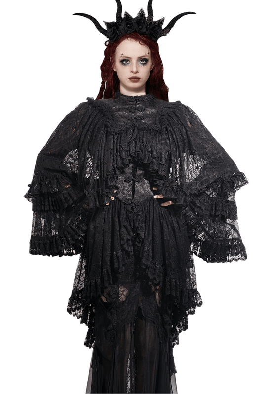 Black Lace Gothic Ruffle Cape with High Collar and Sleeves