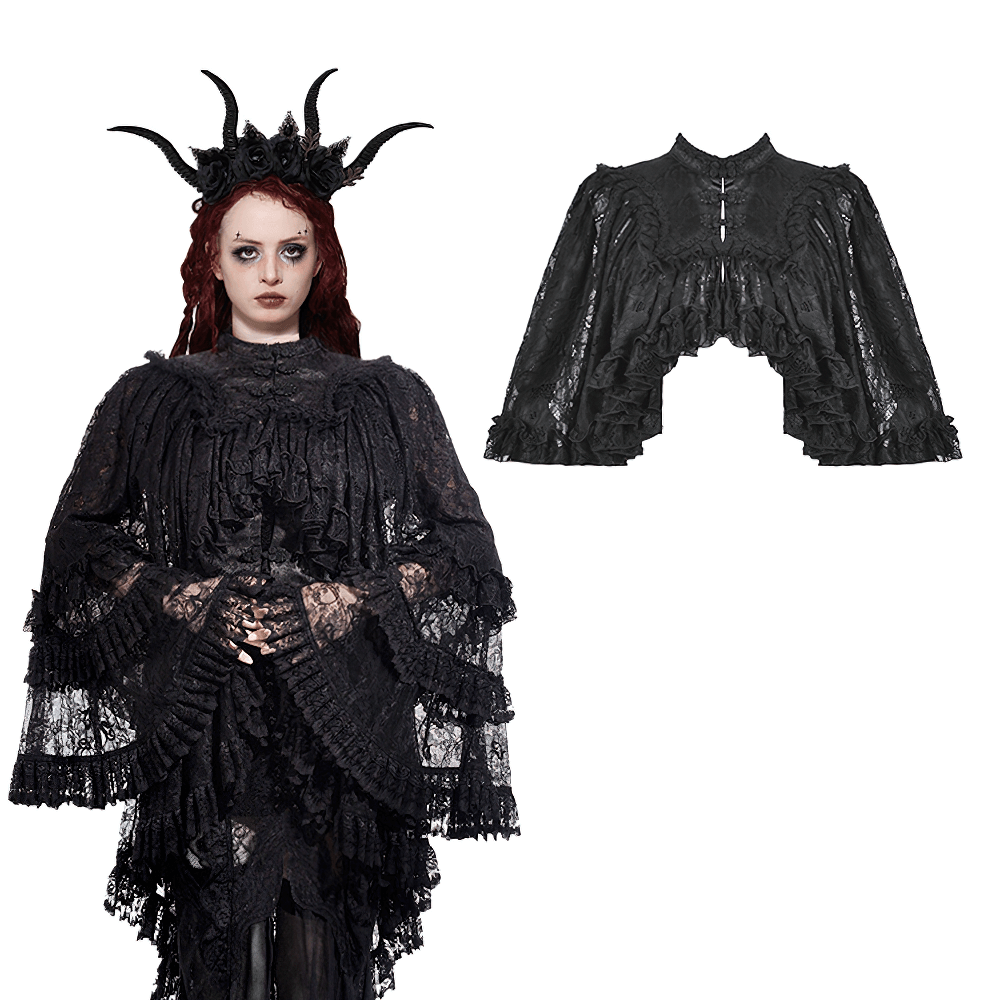 Black Lace Gothic Ruffle Cape with High Collar and Sleeves