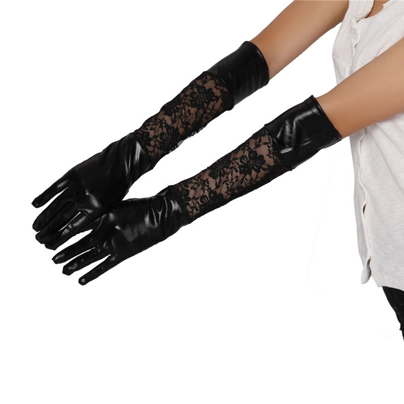 Black Lace Long Women's Fashion Gloves / Faux Leather Elbow Length Mittens / Sexy Party Gloves