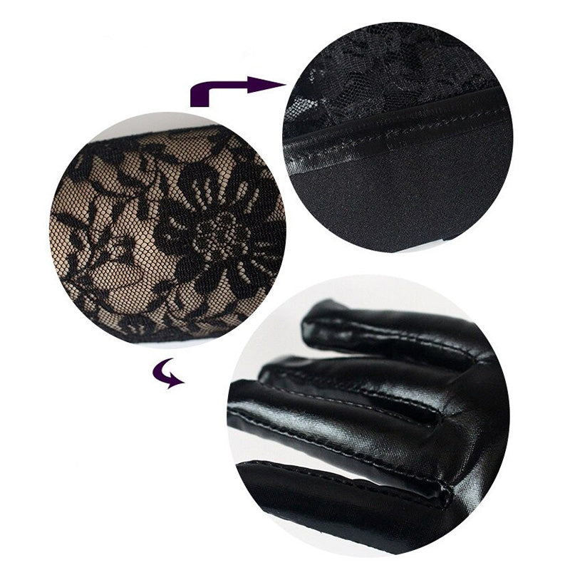 Black Lace Long Women's Fashion Gloves / Faux Leather Elbow Length Mittens / Sexy Party Gloves