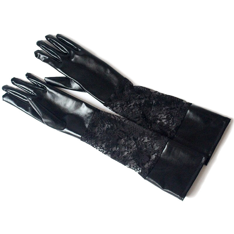 Black Lace Long Women's Fashion Gloves / Faux Leather Elbow Length Mittens / Sexy Party Gloves