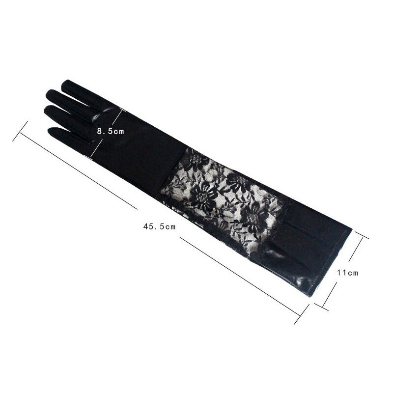 Black Lace Long Women's Fashion Gloves / Faux Leather Elbow Length Mittens / Sexy Party Gloves