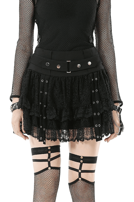 Black Lace Mini Skirt with Straps and Layered Ruffles