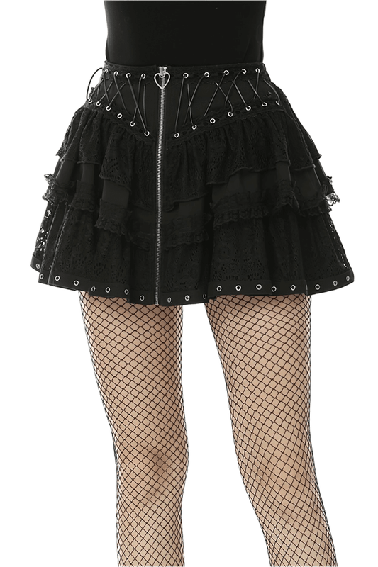 Black Lace Ruffled Skirt with Adjustable Lacing and Zip