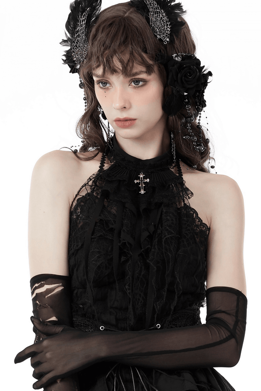 Black Lace Spiderweb Neck Tie With Silver Cross Pendant