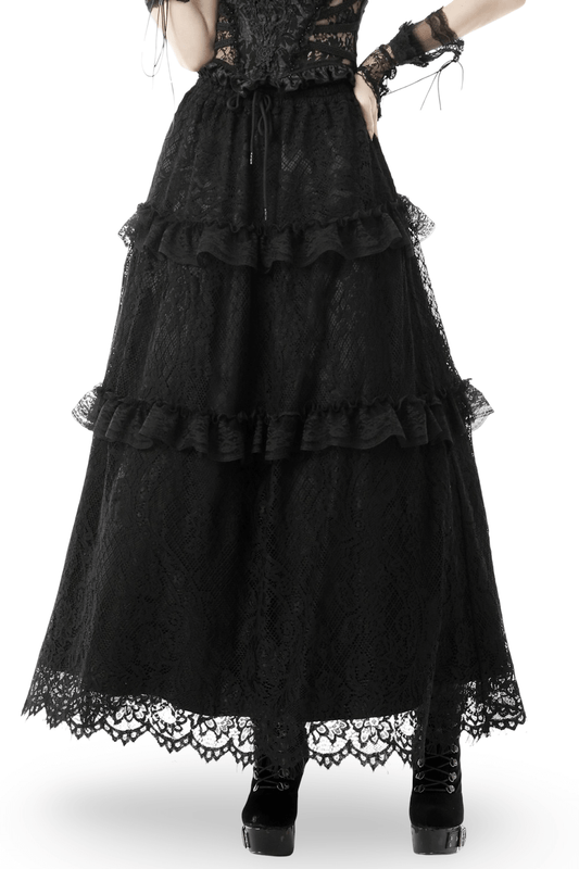 Black Lace Tiered Skirt with Frills and Drawstring