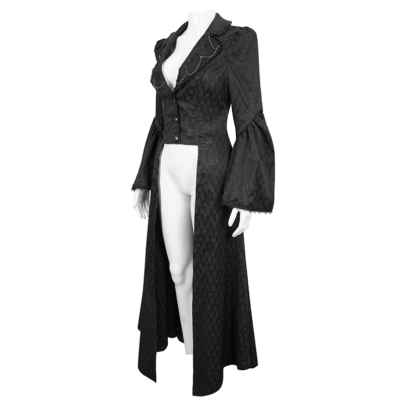 Black Ladies Flared Sleeves Beaded Long Coat / Gothic Retro Long Tail Coat For Women
