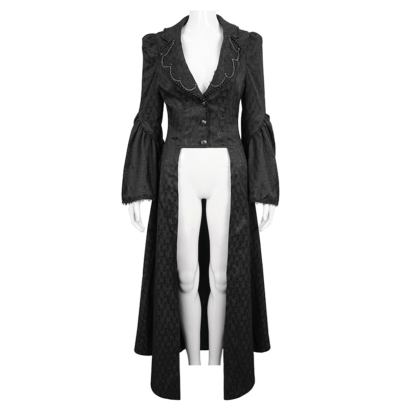 Black Ladies Flared Sleeves Beaded Long Coat / Gothic Retro Long Tail Coat For Women
