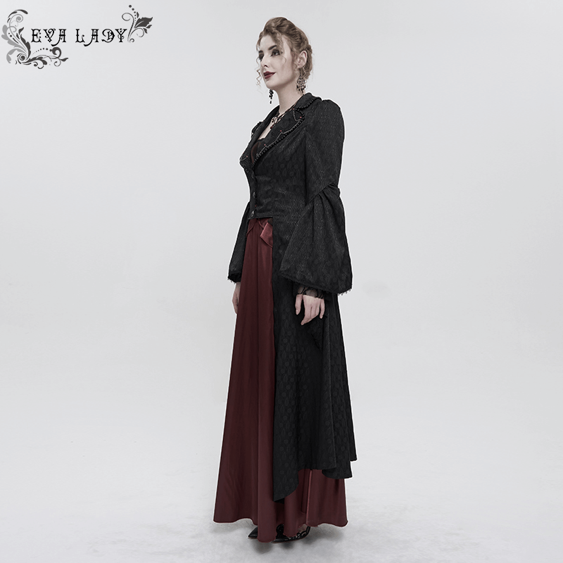Black Ladies Flared Sleeves Beaded Long Coat / Gothic Retro Long Tail Coat For Women