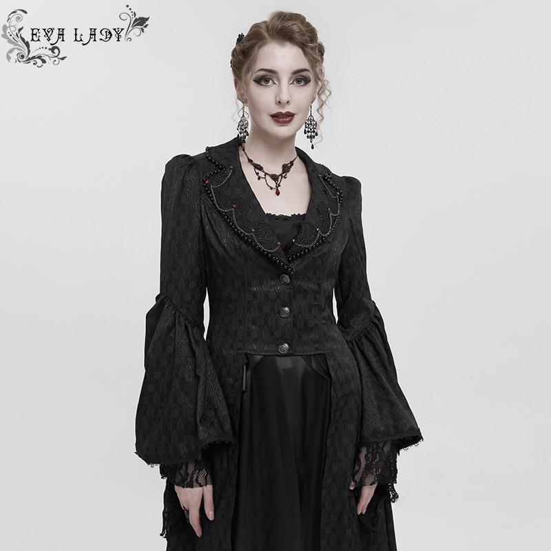 Black Ladies Flared Sleeves Beaded Long Coat / Gothic Retro Long Tail Coat For Women