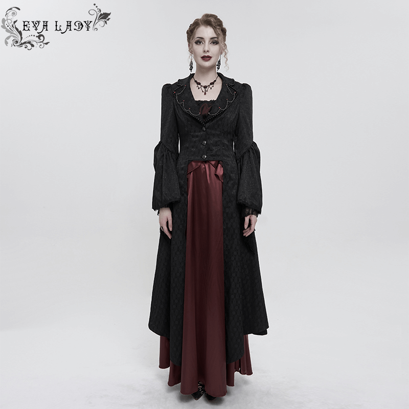 Black Ladies Flared Sleeves Beaded Long Coat / Gothic Retro Long Tail Coat For Women