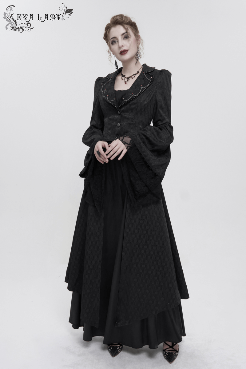 Black Ladies Flared Sleeves Beaded Long Coat / Gothic Retro Long Tail Coat For Women