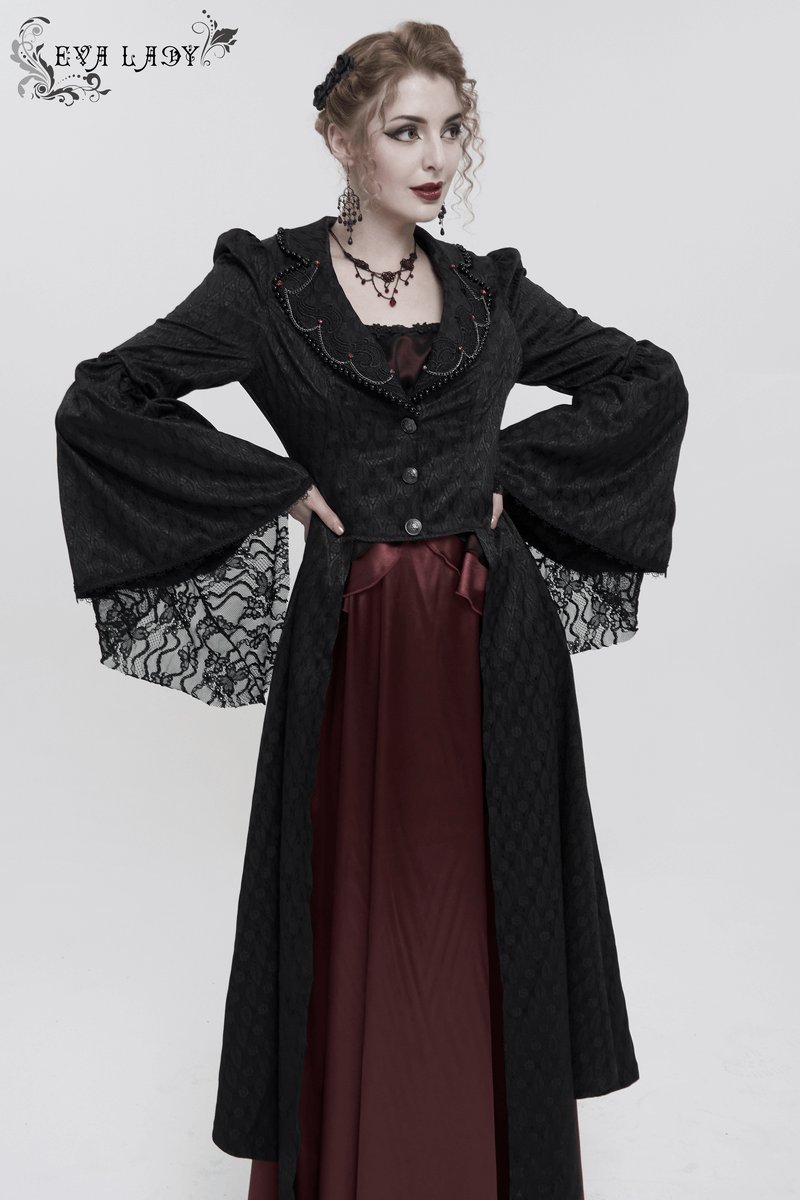 Black Ladies Flared Sleeves Beaded Long Coat / Gothic Retro Long Tail Coat For Women