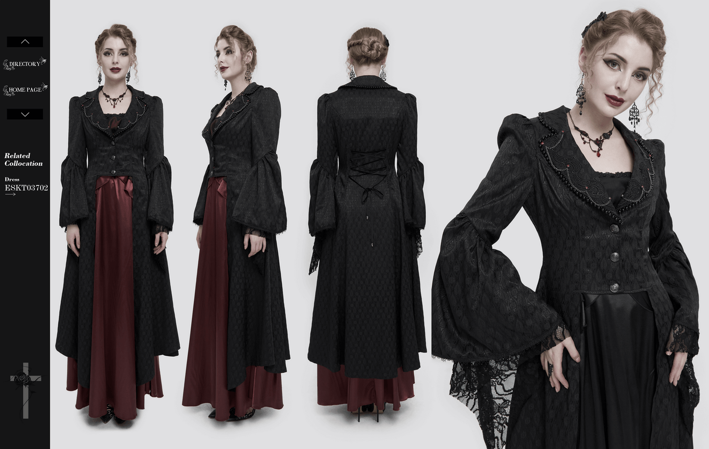 Black Ladies Flared Sleeves Beaded Long Coat / Gothic Retro Long Tail Coat For Women