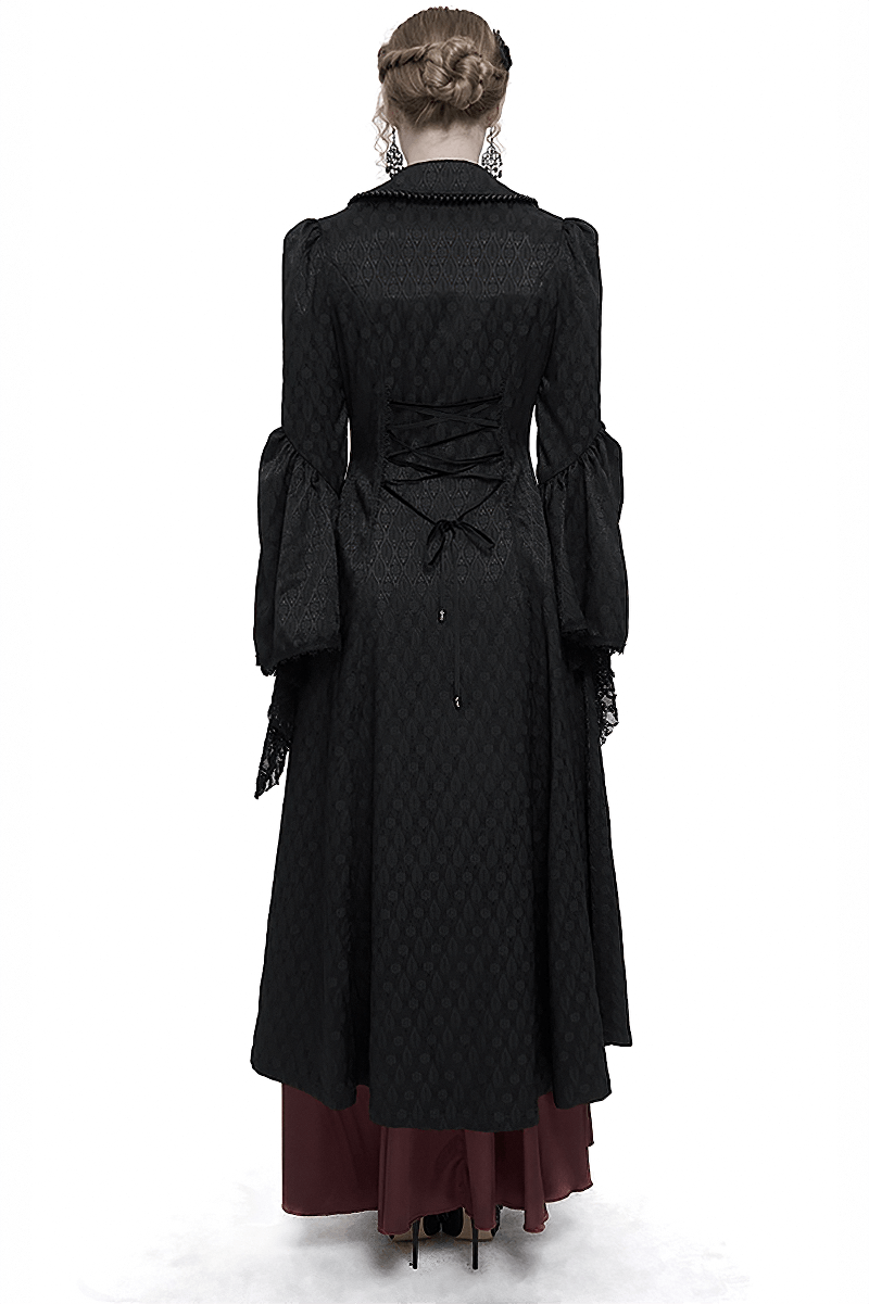Black Ladies Flared Sleeves Beaded Long Coat / Gothic Retro Long Tail Coat For Women