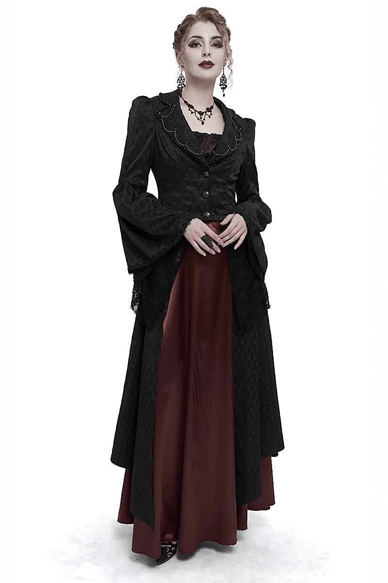 Black Ladies Flared Sleeves Beaded Long Coat / Gothic Retro Long Tail Coat For Women