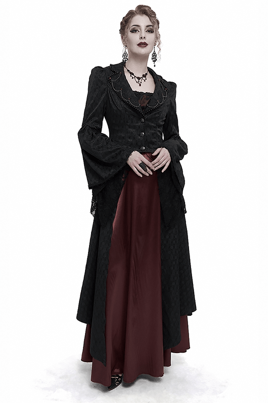 Black Ladies Flared Sleeves Beaded Long Coat / Gothic Retro Long Tail Coat For Women