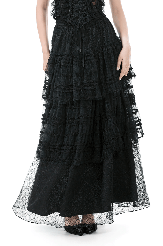 Black Layered Lace Goth Maxi Skirt with Drawstring Waist