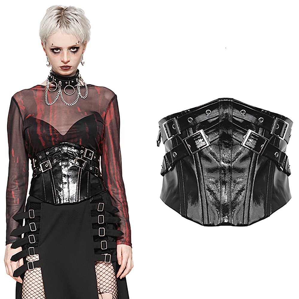 Black Leather Corset Belt with Buckles and Rivets