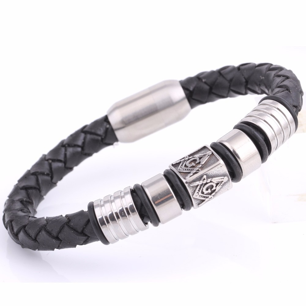 Black Leather Masonic Bracelet / Stainless Steel Magnet Bangle / Men and Women Jewelry