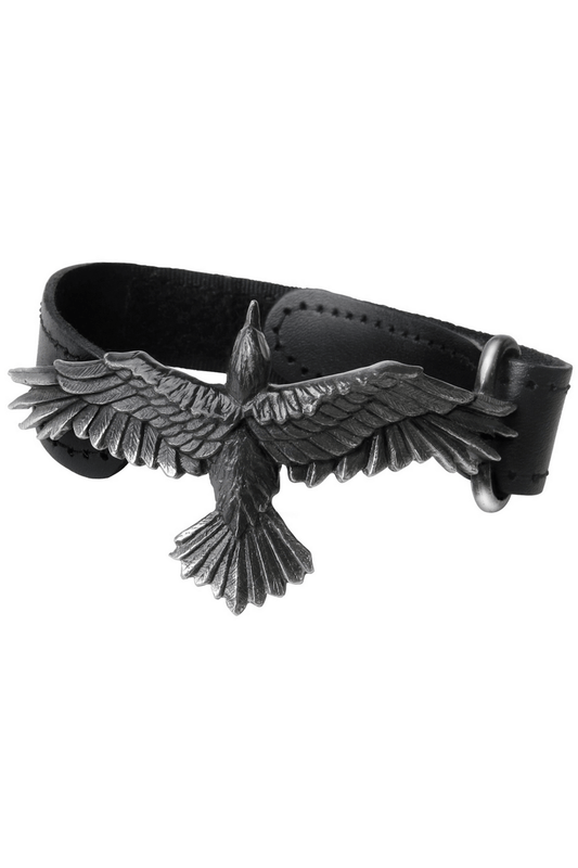 Black Leather Wristband with Pewter Raven Charm