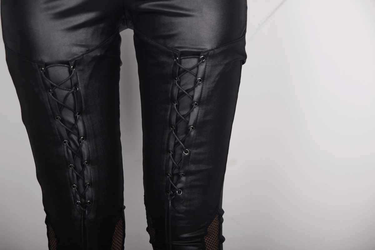 Black Leggings with Lacing and Mesh / Steampunk High Waisted Leggings with Buckles