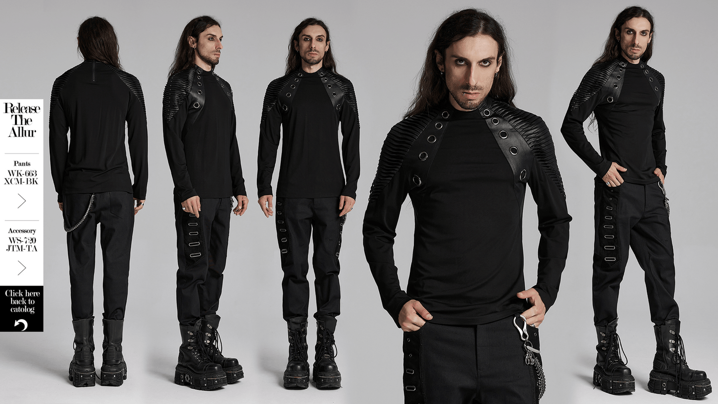 Black Long-Sleeved Top with Leather Accents and Rivets