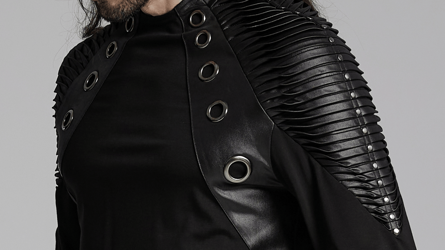 Black Long-Sleeved Top with Leather Accents and Rivets