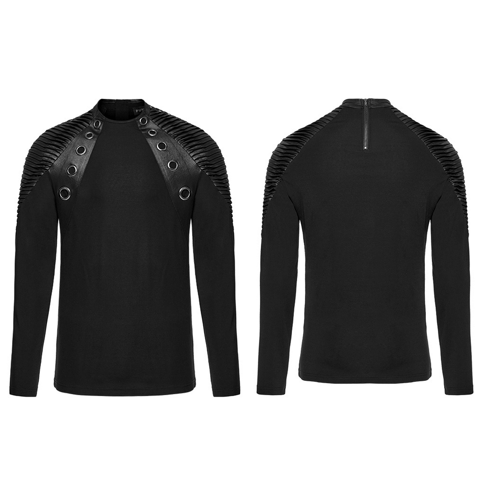 Black Long-Sleeved Top with Leather Accents and Rivets