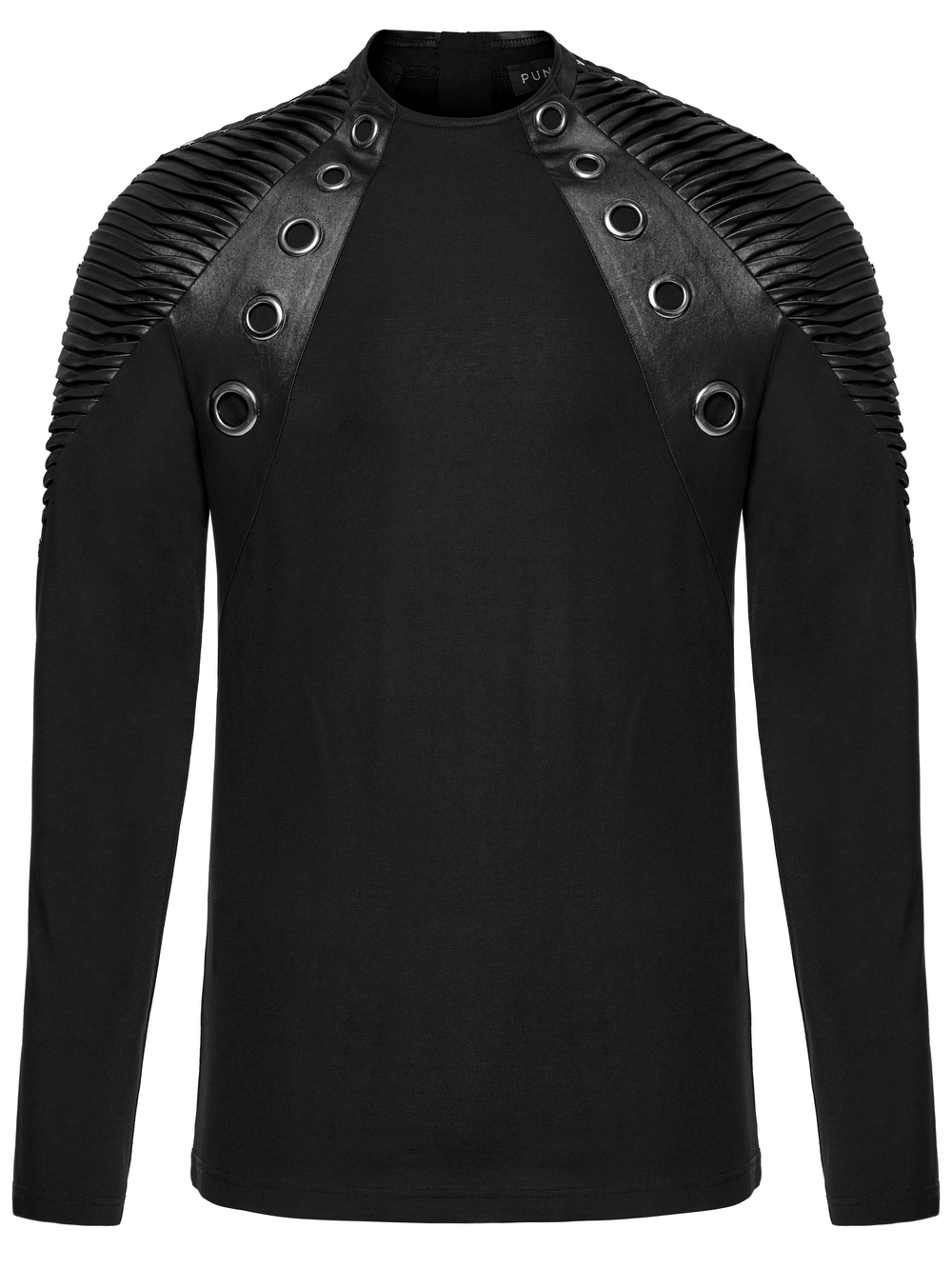 Black Long-Sleeved Top with Leather Accents and Rivets