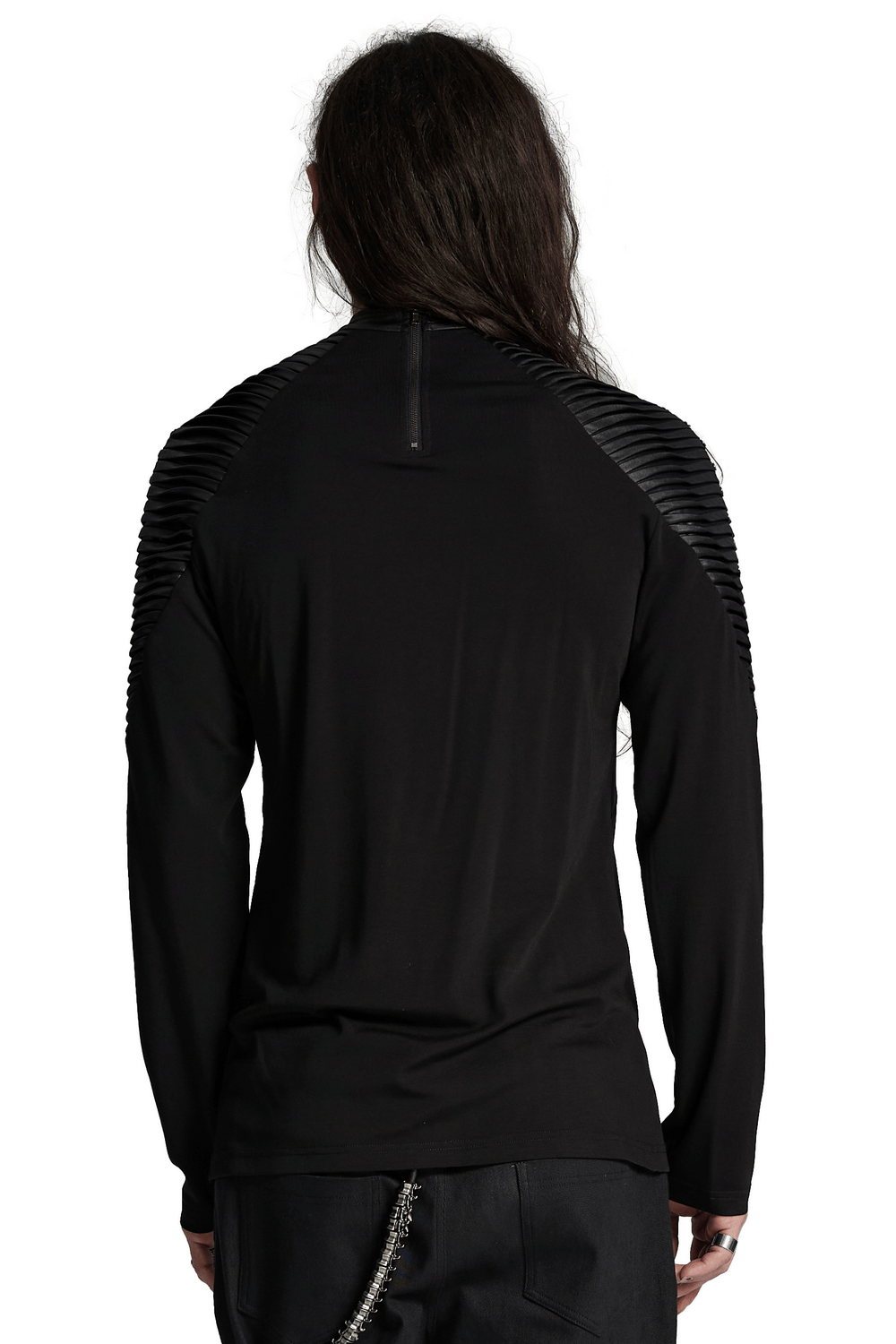 Black Long-Sleeved Top with Leather Accents and Rivets