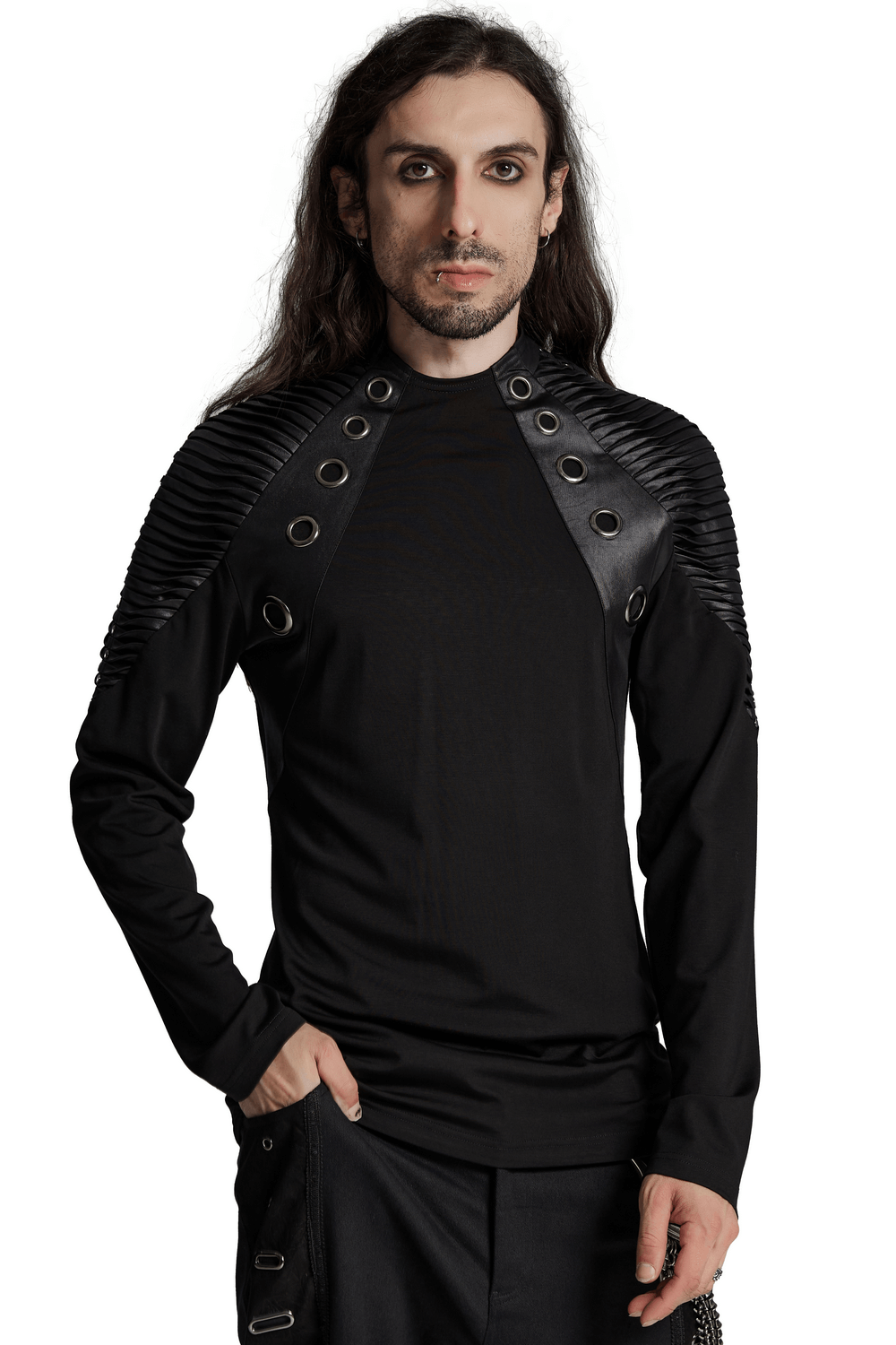 Black Long-Sleeved Top with Leather Accents and Rivets