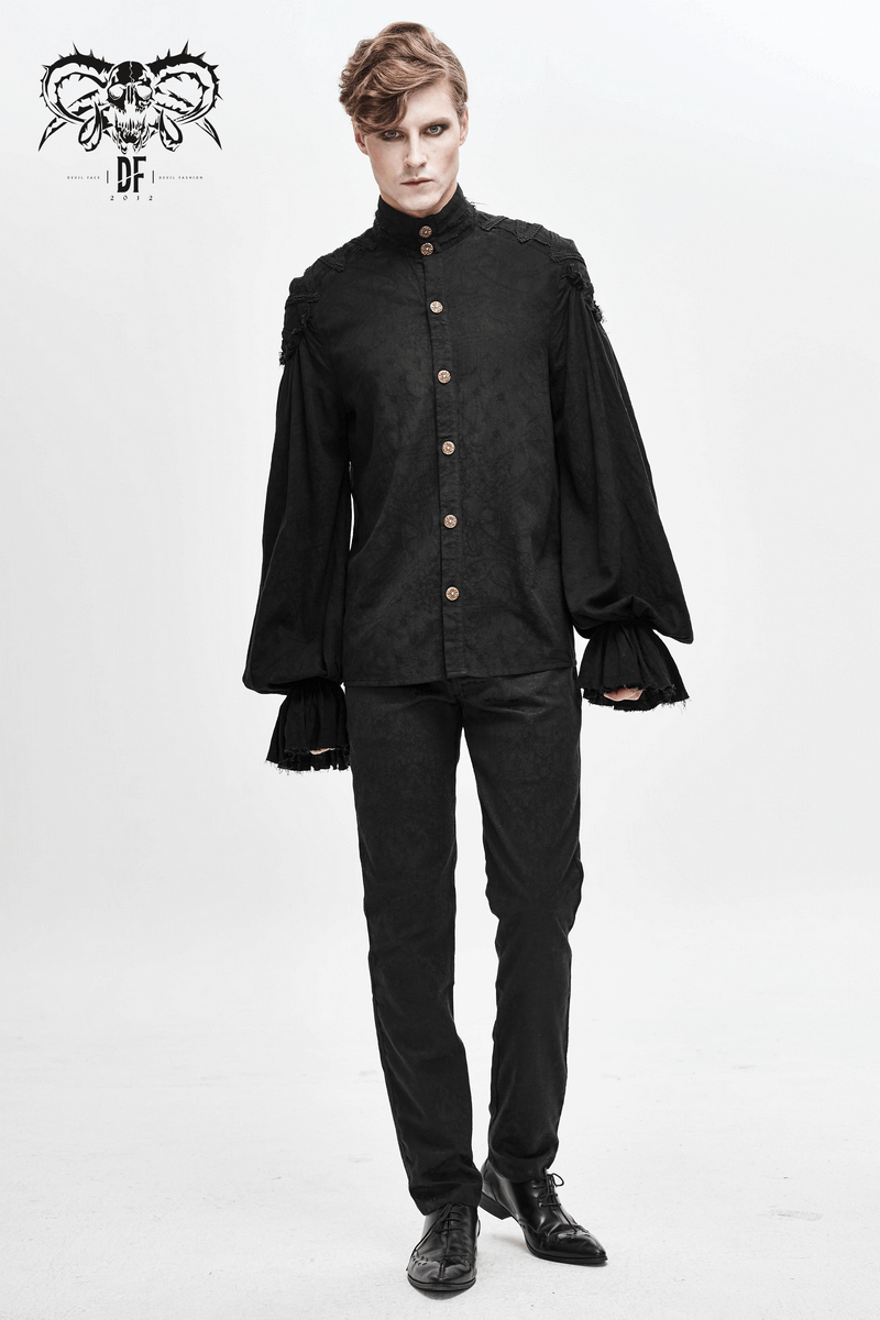 Black Long Sleeves Shirt with Buttons in Front / Gothic Style Shirt with Flared Cuffs