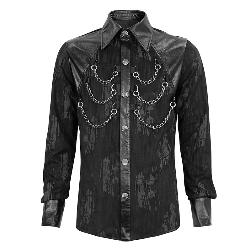Black Long Sleeves Shirt with PU Leather Inserts / Gothic Men's Detachable Chains on Chest Shirts