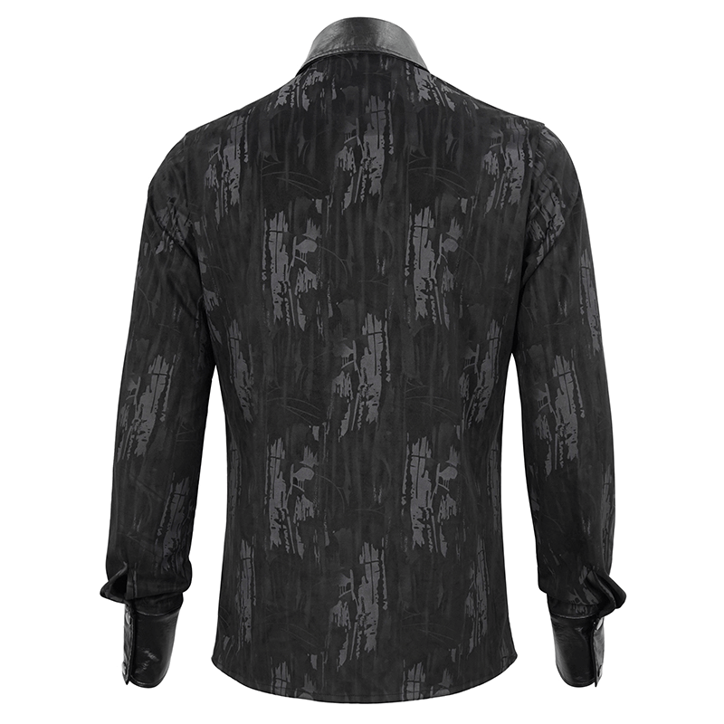 Black Long Sleeves Shirt with PU Leather Inserts / Gothic Men's Detachable Chains on Chest Shirts