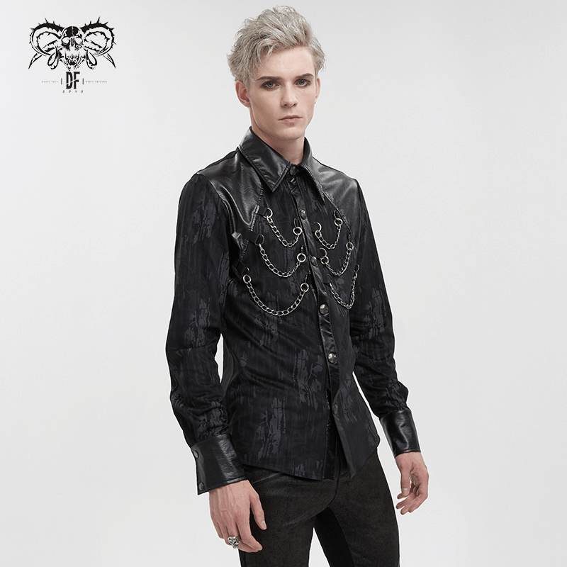 Black Long Sleeves Shirt with PU Leather Inserts / Gothic Men's Detachable Chains on Chest Shirts