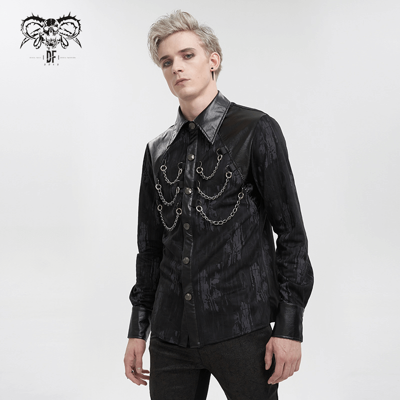Black Long Sleeves Shirt with PU Leather Inserts / Gothic Men's Detachable Chains on Chest Shirts