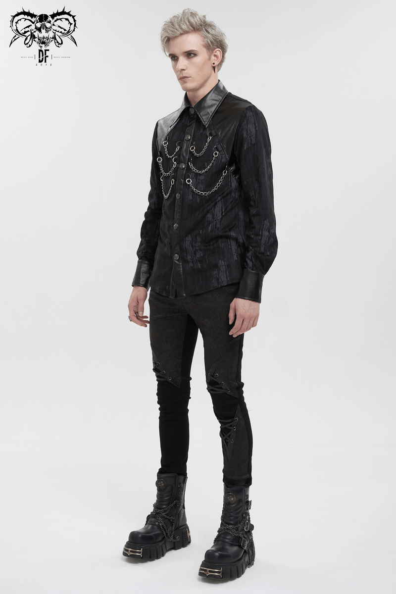 Black Long Sleeves Shirt with PU Leather Inserts / Gothic Men's Detachable Chains on Chest Shirts