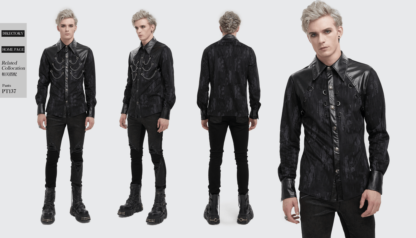 Black Long Sleeves Shirt with PU Leather Inserts / Gothic Men's Detachable Chains on Chest Shirts