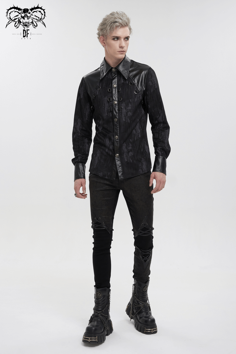 Black Long Sleeves Shirt with PU Leather Inserts / Gothic Men's Detachable Chains on Chest Shirts