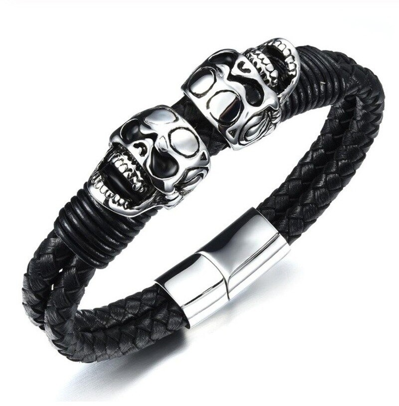 Black Men's Braided Rope Leather Bracelet with Stainless Steel Skulls / Punk Rock Style Male Jewelry