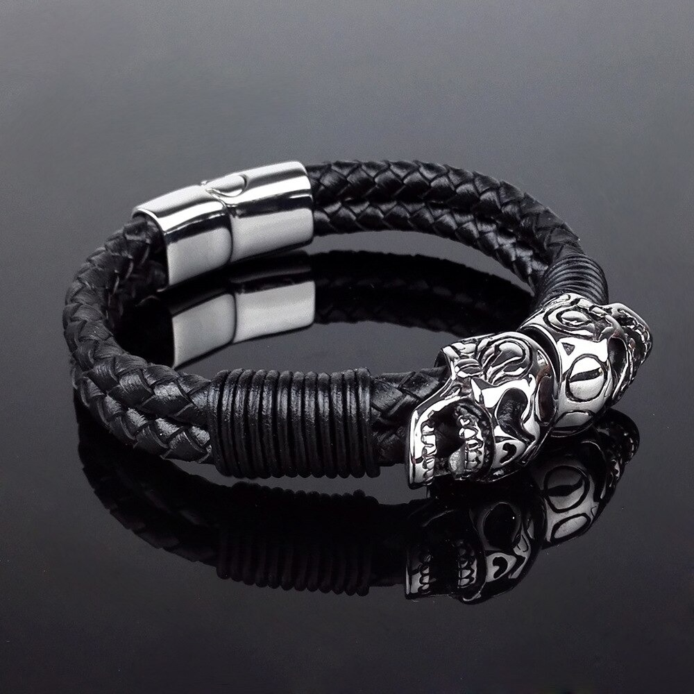 Black Men's Braided Rope Leather Bracelet with Stainless Steel Skulls / Punk Rock Style Male Jewelry