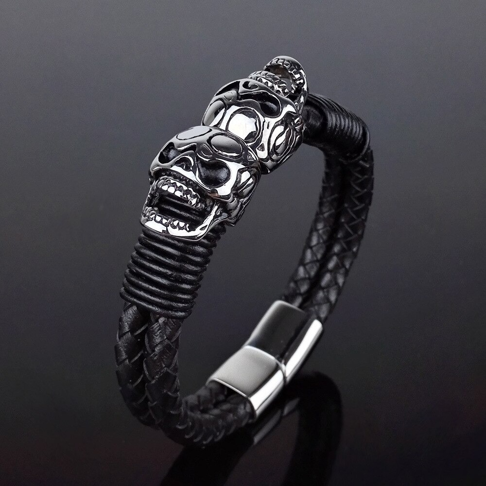 Black Men's Braided Rope Leather Bracelet with Stainless Steel Skulls / Punk Rock Style Male Jewelry