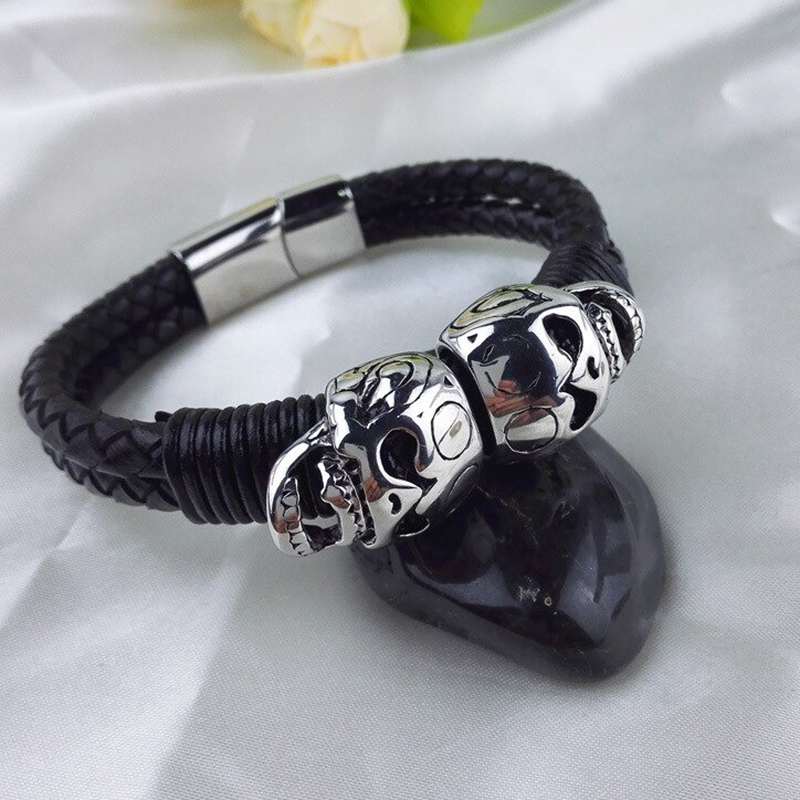 Black Men's Braided Rope Leather Bracelet with Stainless Steel Skulls / Punk Rock Style Male Jewelry