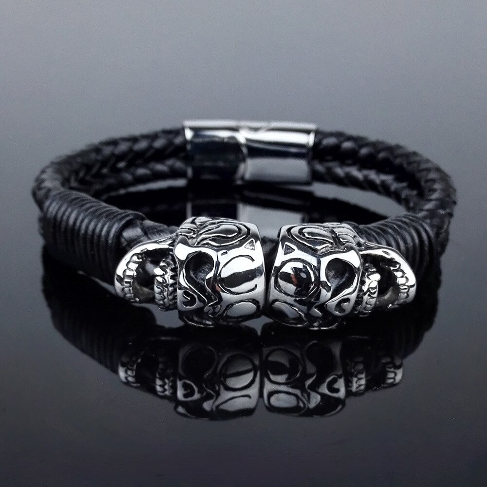Black Men's Braided Rope Leather Bracelet with Stainless Steel Skulls / Punk Rock Style Male Jewelry