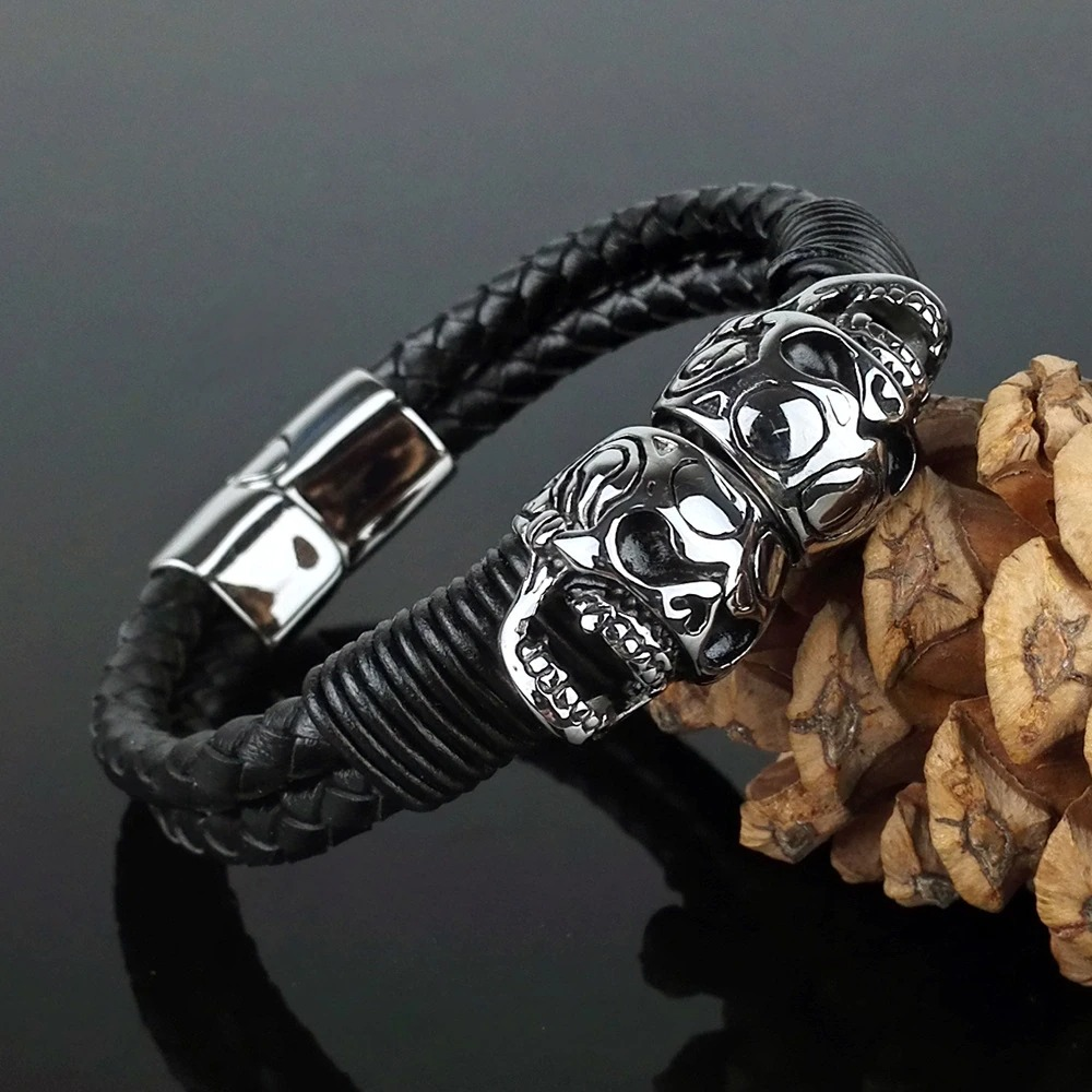 Black Men's Braided Rope Leather Bracelet with Stainless Steel Skulls / Punk Rock Style Male Jewelry