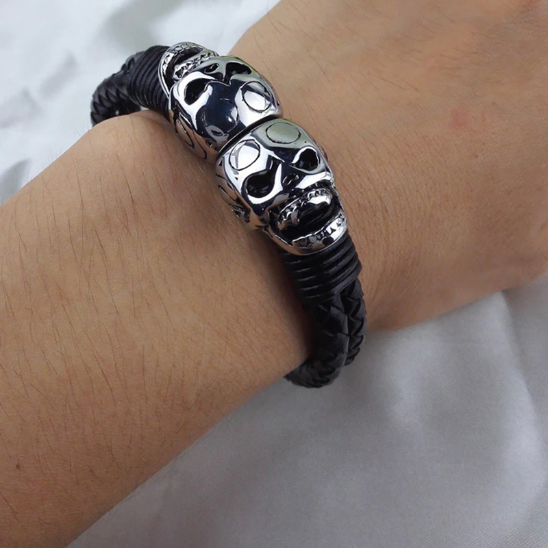 Black Men's Braided Rope Leather Bracelet with Stainless Steel Skulls / Punk Rock Style Male Jewelry