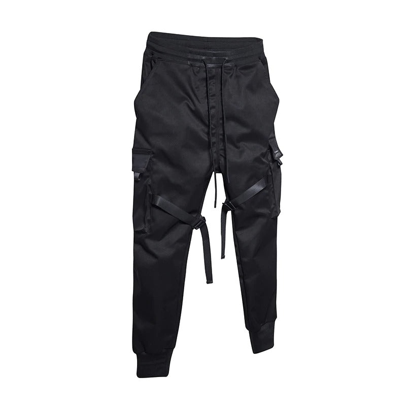 Black Men's Cargo Pants With Ribbons / Print-Pocket Joggers
