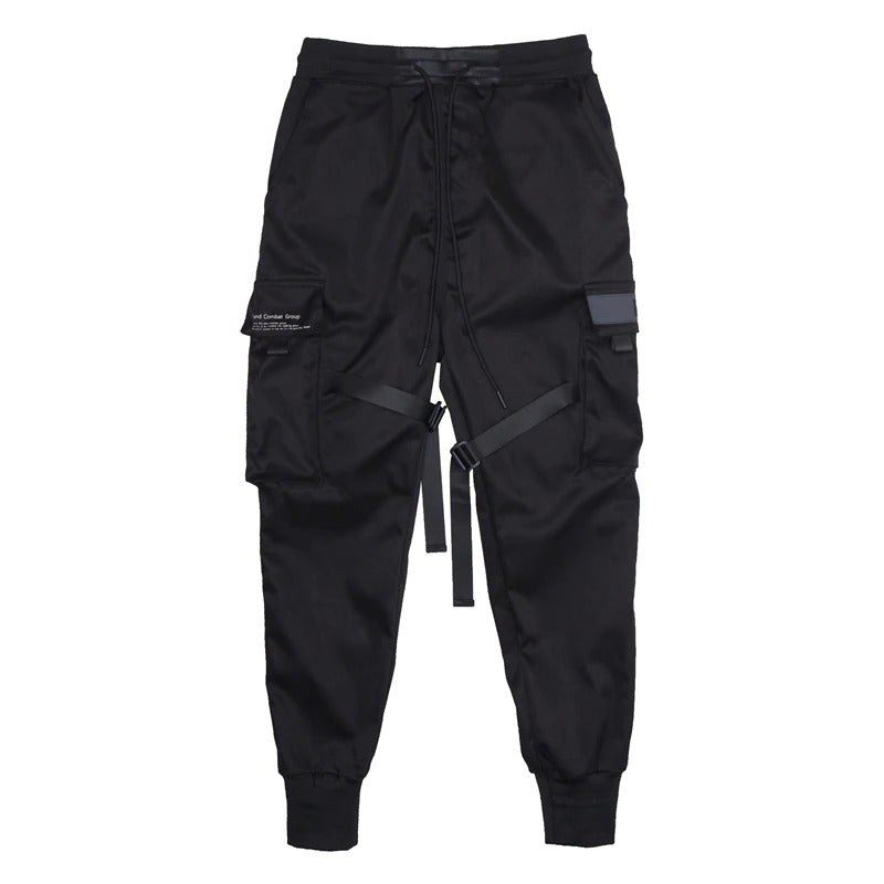 Black Men's Cargo Pants With Ribbons / Print-Pocket Joggers