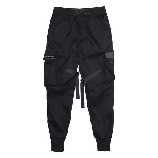Black Men's Cargo Pants With Ribbons / Print-Pocket Joggers